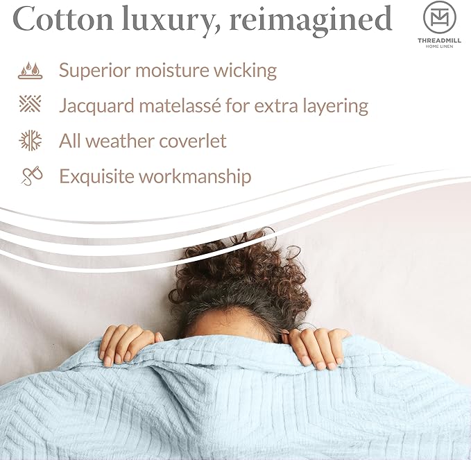 Threadmill Luxury Cotton Blankets for Queen Size Bed | All-Season 100% Cotton Queen Size Blanket | Aster Jacquard Cozy Lightweight, Soft Breathable Coverlet fits Full Size Bed, 90x92 | Light Blue