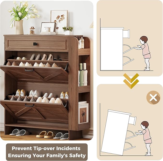 IRONCK Shoe Storage Cabinet with 2 Flip Drawers & Barn Door Design, Freestanding Shoe Cabinet Organizer with Drawer and Shelves for Entryway, Farmhouse Shoe Rack Cabinet,Dark Walnut