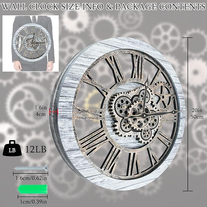 HOIBAI Wall Clock, Clocks for Living Room Decor 20 Inch Big Moving Gears Clock Farmhouse Vintage Rustic Wall Clock for Home Bedroom House Kitchen Wall Decor