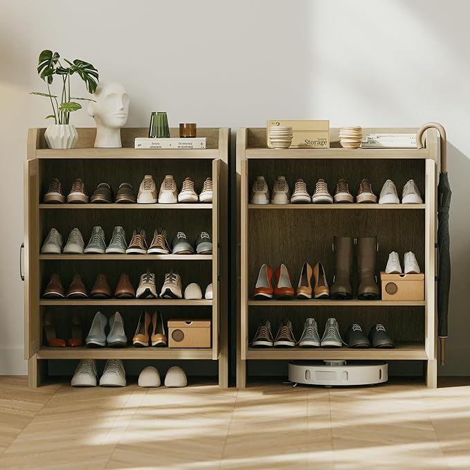 Shoe Cabinet Storage for Entryway, Rattan Storage Cabinet, Wooden Shoe Rack with Doors, Farmhouse Boho Wood Shoe Organizer Cabinet for Hallway (Oak)