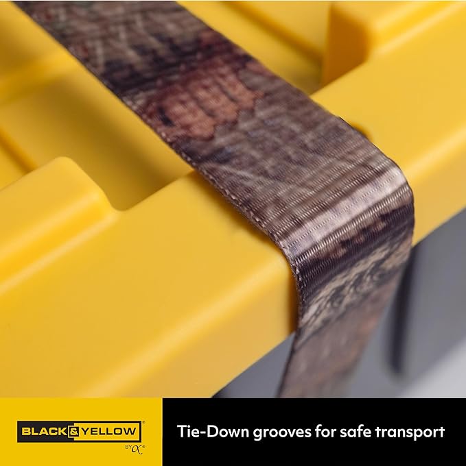 CX BLACK & YELLOW, 27-Gallon Heavy Duty Tough Storage Container & Snap-Tight Lid, (14.3"H x 20.6"W x 30.6"D), Weather-Resistant Design and Stackable Organization Tote [4 Pack]