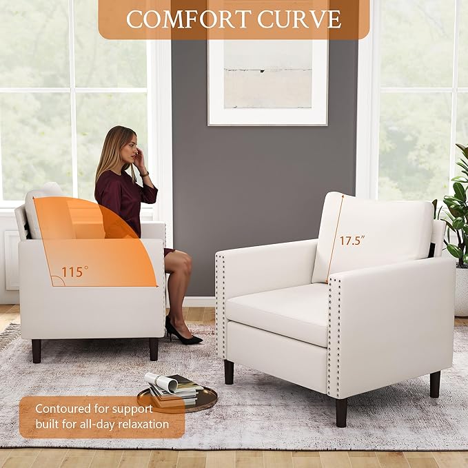 MOJAY Linen Cotton Accent Chair, Living Room Chair Comfy Armchair with Thick Padded Cushion, Lounge Sofa Club Chair with Sturdy Wood Legs for Bedroom Home Office (White, 1 Pack)