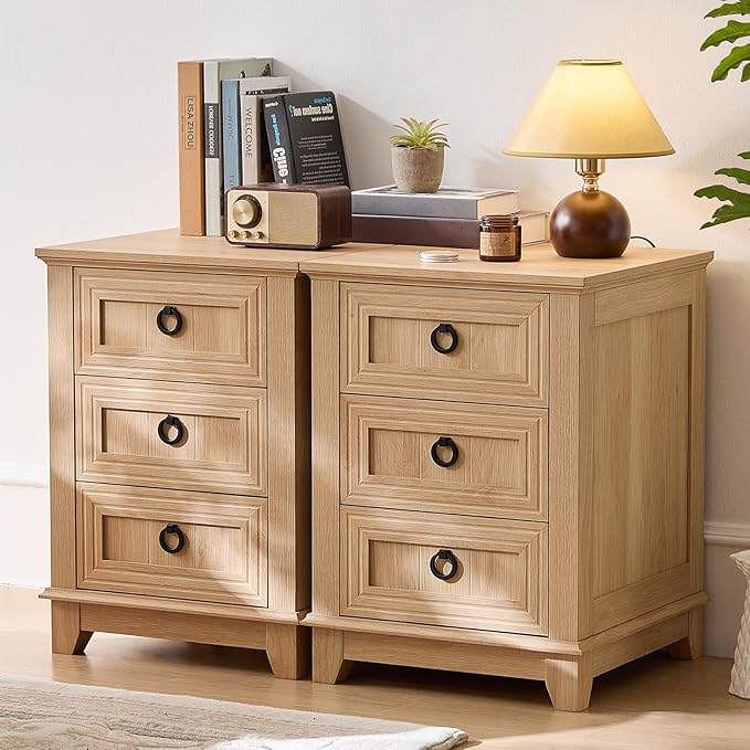 18" Farmhouse Night Stand with 3 Drawers, Wood Bedside End Table, Natural Nightstand, Bed Side Table Cabinet with Metal Handle for Bedroom Living Room, Closet