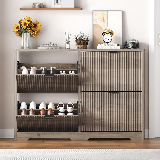 Shoe Cabinet Storage for Entryway with 4 Flip Drawers, Grey Fluted Shoe Cabinet with Adjustable Shelves, Wooden Hidden Shoes Rack Freestanding Narrow Slim Shoes Storage for Hallway, Entrance