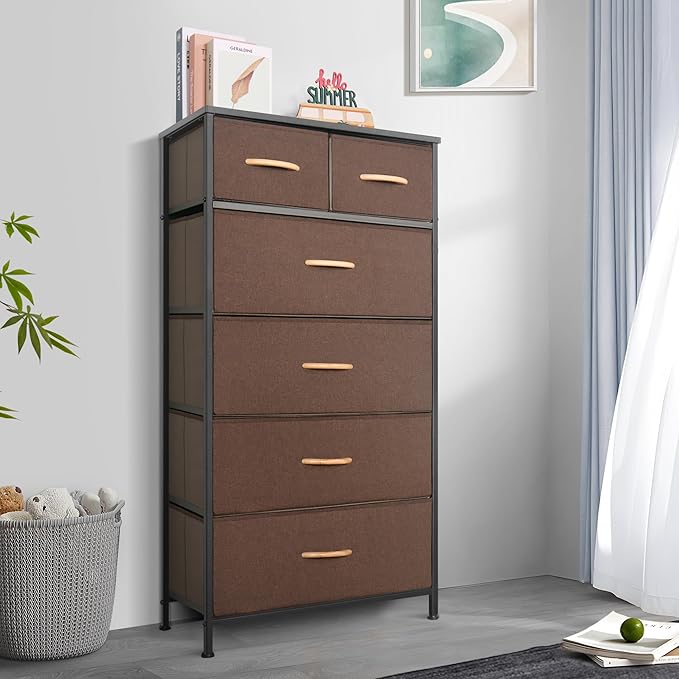 Tall Dresser for Bedroom, Vertical Storage Organizer Tower with 6 Drawers, Chest of Drawers with Fabric Bins, Steel Frame, Wood Top for Bedroom, Closet, Entryway- Brown
