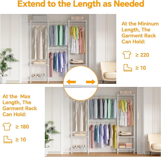H10 Expandable Clothes Rack Clothing Rack for Hanging Clothes, Heavy Duty Garment Rack, Freestanding Wardrobe Closet Organizer with Hanger Rods, Extendable from 4.6 to 5.1 ft, White