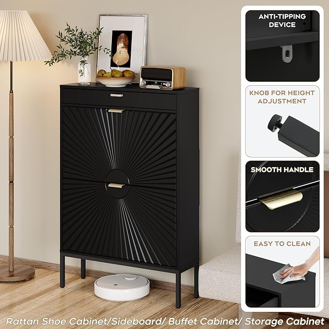 Brafab Shoe Rack Storage Organizer, Shoe Storage Cabinet with 2 Flip Drawers&1 Small Drawer, Slim Entryway Shoe Organizer with Sun Pattern Doors,Dark Black