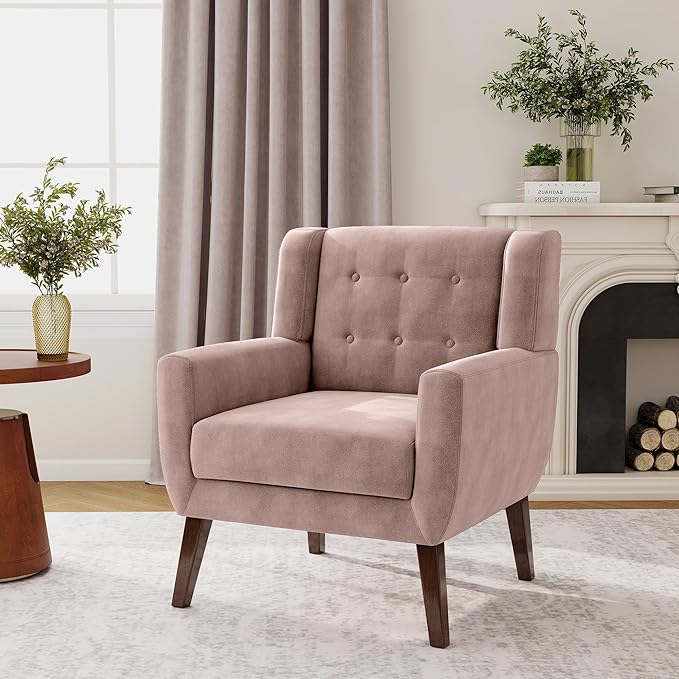 Lumibee Accent Chair, Modern Velevet Armchair for Living Room, Comfy Upholstered Arm Chair Tufted for Indoor Bedroom Office Room (Pink Velvet)
