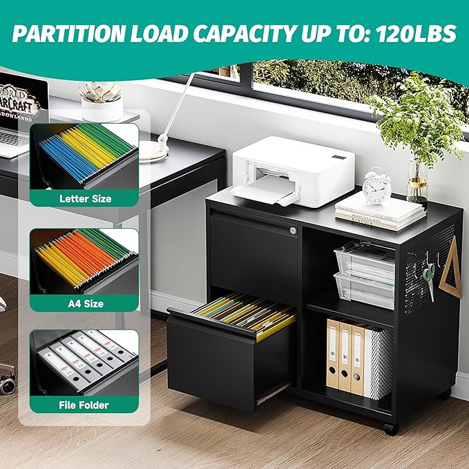 SISESOL 2 Drawer File Cabinet with Lock and Shelf,Mobile Lateral Filing Cabinet,Metal Filing Cabinets with Open Storage Shelves Organizer for Home Office Fit Legal/Letter A4 Size (Black)