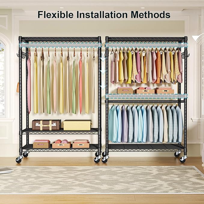 P1 Plus Rolling Clothes Rack, 22mm Diameter Heavy Duty Garment Rack with Wheels, Portable Closet Wardrobe with Double Rods, 45" W x 17.7" D x 80.5" H, Max Load 524 LBS, Black