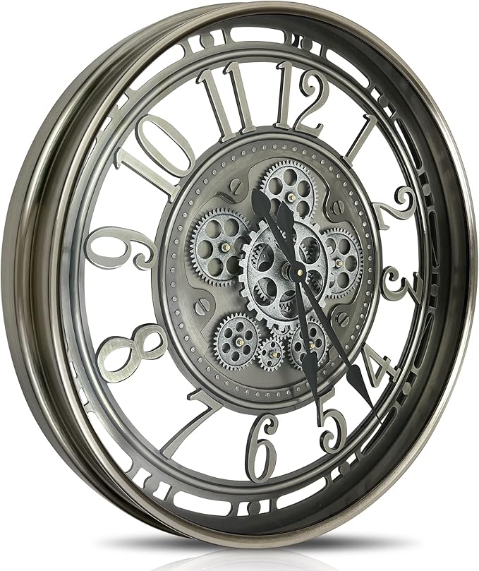 DORBOKER Moving Gears Wall Clock Large Modern Metal Clocks for Living Room Decor, Industrial Steampunk Unique Vintage Rustic Decorative Clock for Home Farmhouse Office, 28 Inch,Gunmetal Arabic