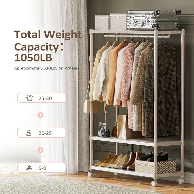 IZEUK Heavy Duty Rolling Garment Rack Wire Clothes Rack for Hanging Clothes, Metal Freestanding Closet Wardrobe Rack with Double Rods and Side Hooks Gold 17.7" D x 45.3" W x 70.3" H