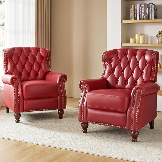 HULALA HOME Genuine Leather Recliner Chair with Solid Wood Legs, Modern Adjustable Tufted Push Back Arm Chair w/Rivet Decoration, Home Theater Seating Single Reclining Sofa for Living Room, Red