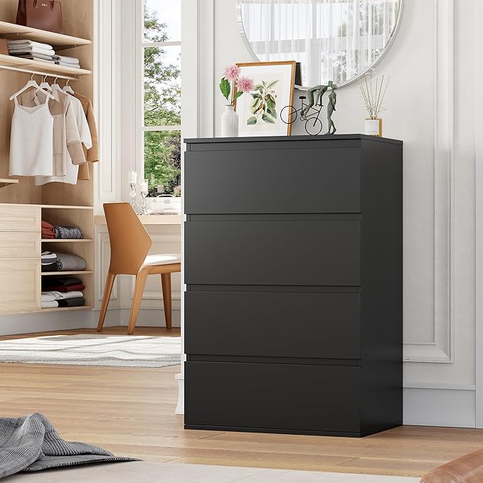 FOTOSOK Black Dresser, 4 Drawer Dresser Modern Storage Chest of Drawers 23.6L x 15.7W x 31.5H in, Black Dressers Storage Cabinet with 4 Drawers for Home Office