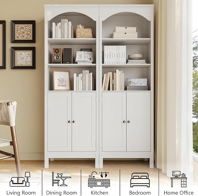 71" H Tall Bookshelf with Doors, Farmhouse Book Shelf with 3-Tier Open Shelves, Wooden Bookcase with Storage Cabinet, Freestanding Display Bookshelves for Bedroom, Living Room, White