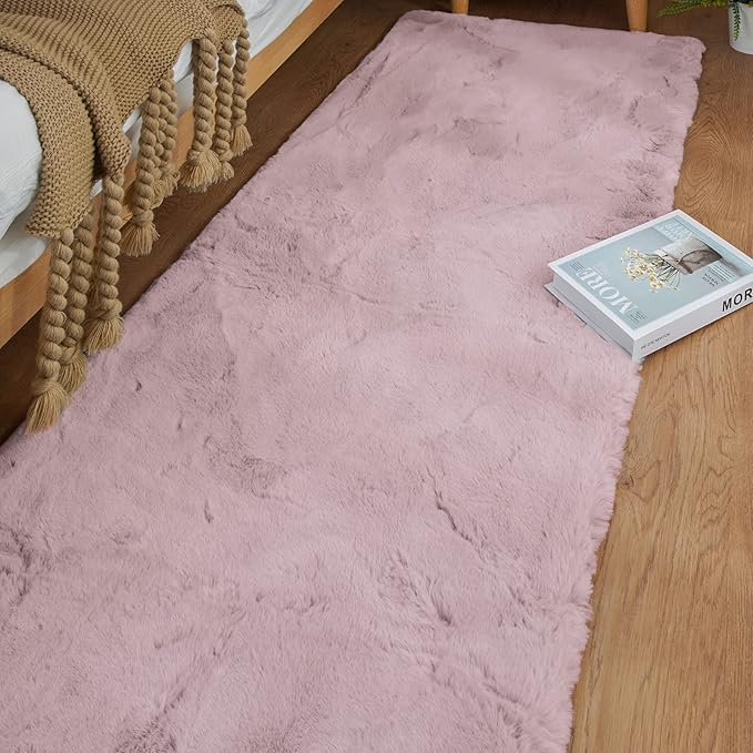 Fluffy Pink Washable Runner Rugs for Bedroom Fuzzy Faux Rabbit Shag Fur Rug for Living Room Furry Runner Rugs for Hallway 2x8 Nursery Rug