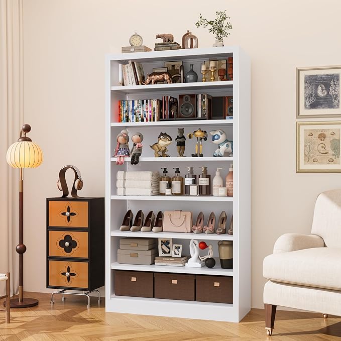 Heavy-Duty Steel Storage with 6 Adjustable Shelves , Metal Shelving Unit for Pantry, Office,Coffee Station– Easy Assembly, Multi-level Organizational Space(White, 7 Tier-55"H x 27.6"W x 11.8"D)