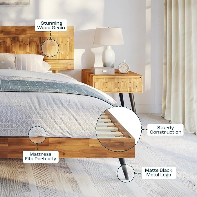 Bme Georgina Signature Bed Frame with Handcrafted Geometric Headboard, Mid Century Modern, Solid Acacia Wood, No Box Spring Needed, 12 Strong Wood Slats Support, Easy Assembly, Teak Brown, King