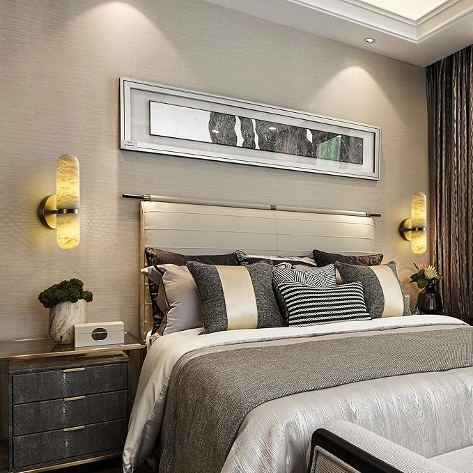 Alabaster Wall Sconces, 13" Glod Wall Sconce, Modern Bathroom Sconces Lighting, Black Spanish Natural Marble Sconce for Living Room, Bedroom, Stairs, Hallway