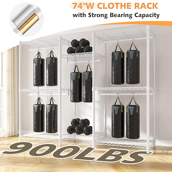 Raybee Clothing Rack with Cover Heavy Duty Clothes Rack with Shelves,Portable, Adjustable,Metal,Max Load 900lbs,White