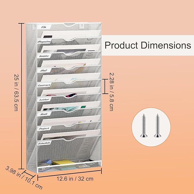 10 Tier Hanging Wall File Holder, Metal A4 Wall Mounted Document Holder, Vertical Hanging Mail Organizer, Magazine Storage Rack with Tray for Office Home Classroom, White
