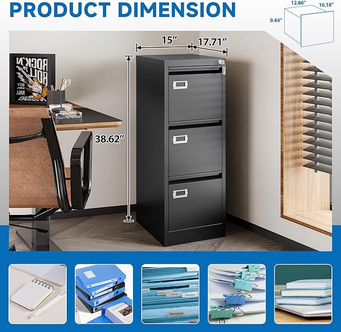 3 Drawer File Cabinet with Lock Metal Vertical File Cabinet Office Home Narrow File Cabinet for A4 Legal/Letter Size,Assembly Required (Black, 3 Drawers-Vertical)