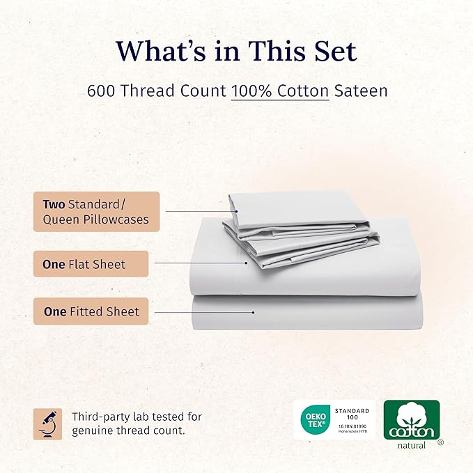 California Design Den Natural 100% Cotton Sheets Queen Size Set - Luxury 600 Thread Count Sateen Queen Sheets Deep Pocket, Fully Elasticized, Crisp, Cool & Durable Hotel Quality Bedding - Light Silver