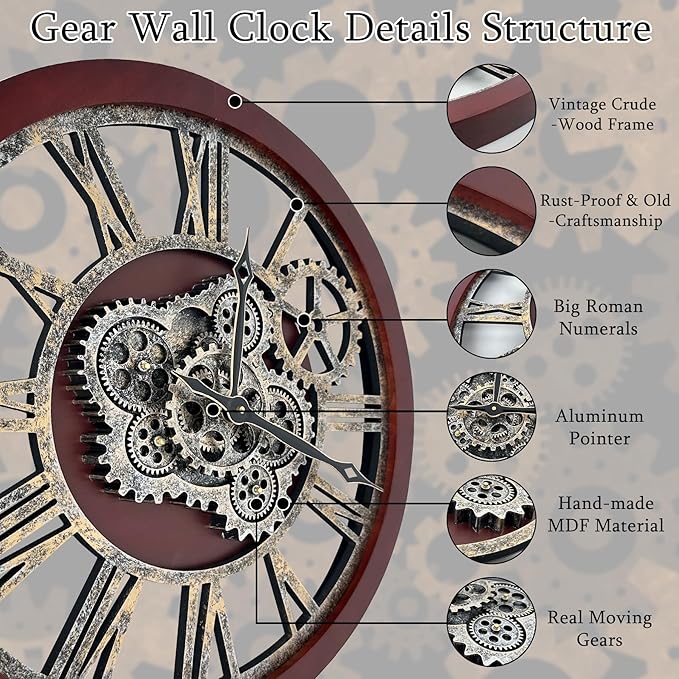 HOIBAI Large Wall Clock, Wall Clocks for Living Room Decor 30 Inch Farmhouse Vintage Rustic Kitchen Wall Decor Vintage Roman Oversized Wall Clock for Home Bedroom House, Moving Gears Clock