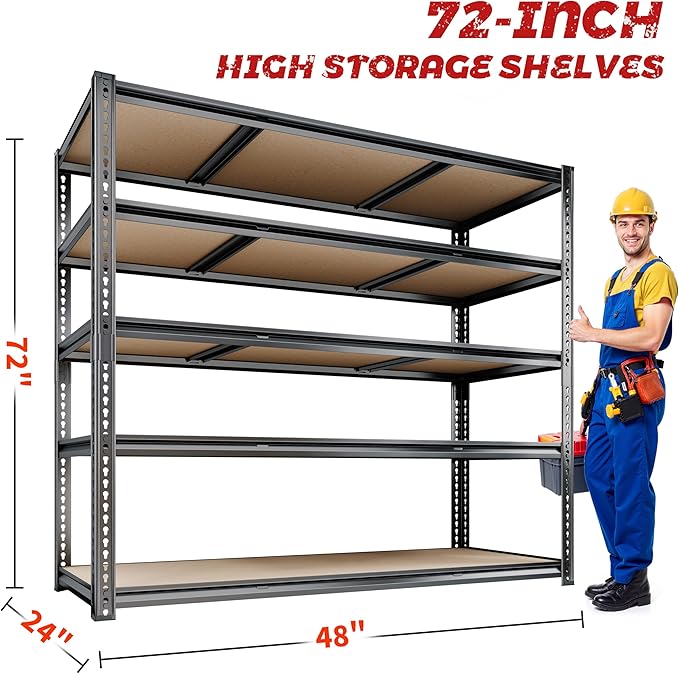 48"W Garage Shelving, 3050LBS Storage Shelves heavy duty, 5 Tier Metal Shelving Unit Adjustable Garage Shelves Heavy Duty Shelving for Warehouse,Commercial, Kitchen, 48" W × 24" D × 72" H, Black