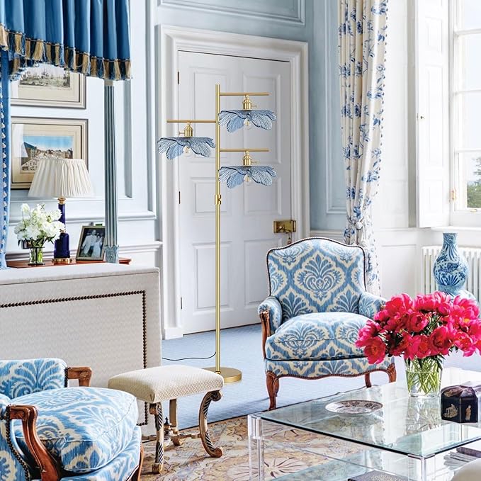 Gold Dimmable floor lamp tall lamp for living room corner ,vintage retro floor lamp Brass Tree Lamp Blue Glass Shade ,Standing Lamps mid century modern floor light for Bedroom corner Study Office