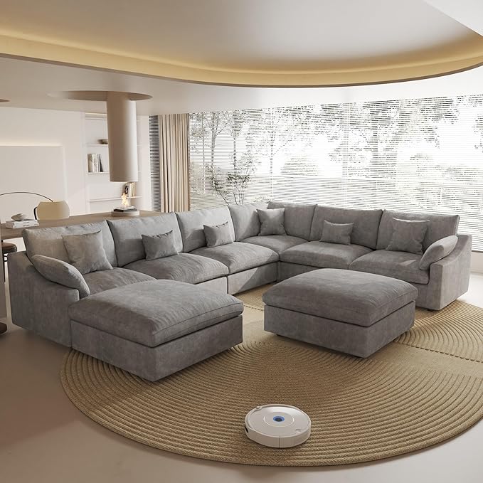 Cloud Couch Modular Sectional Sofa,160" U Shaped Couch, Down Filled Convertible Wide Seater with Ottoman, 8 Seater for Living Room Set,Covers Washable&Replaceable,Gray