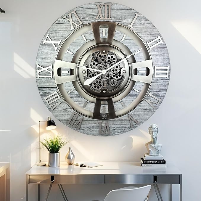 The Gears Clock Real Moving Gear Wall Clock England Line (Silver Grey, 24 inches (60 cm))