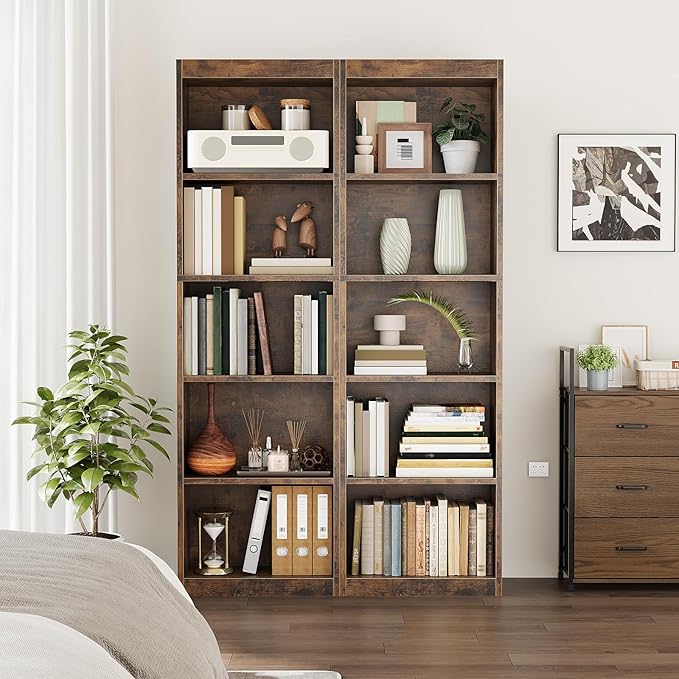 5-Tier Bookcase Set of 2, Open Storage Shelf, Narrow Tall Book Shelf, Freestanding Display Storage Shelves Suitable for Home Office, Living Room and Bedroom, Rustic Brown