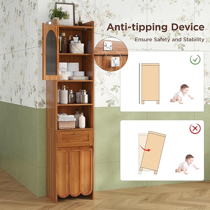 Tall Bathroom Storage Cabinet with 1 Drawer and 2 Doors - Modern Bath Organizer, Slim Freestanding Storage for Bathroom Essentials (11.8 Inches Wide), Brown