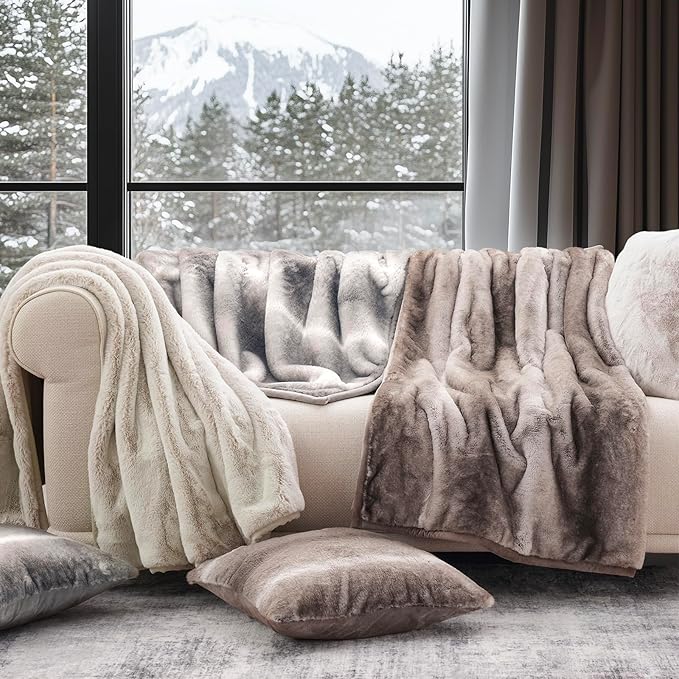 EVERGRACEHOME Ultra Soft Luxury Fluffy Mink Faux Fur Throw Blanket, Thick Warm Fall Winter Blankets for Bed, Couch, Cozy Plush Reversible Blanket for Chair, Sofa (Tipped Champagne Ivory, 60"x80")