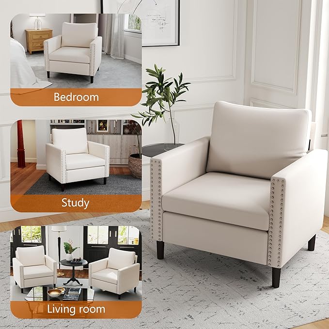 MOJAY Linen Cotton Accent Chair, Living Room Chair Comfy Armchair with Thick Padded Cushion, Lounge Sofa Club Chair with Sturdy Wood Legs for Bedroom Home Office (White, 1 Pack)