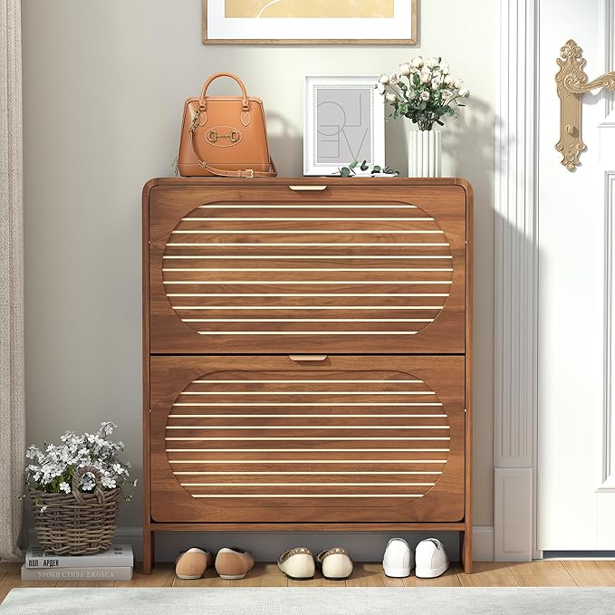 Curved Narrow Shoe Storage Cabinet for Entryway with 2 Flip Drawers, Wood Shoe Cabinet with Arched Panel, Freestanding Shoe Organizer Closed Shoe Rack for Hallway, Foyer, Walnut
