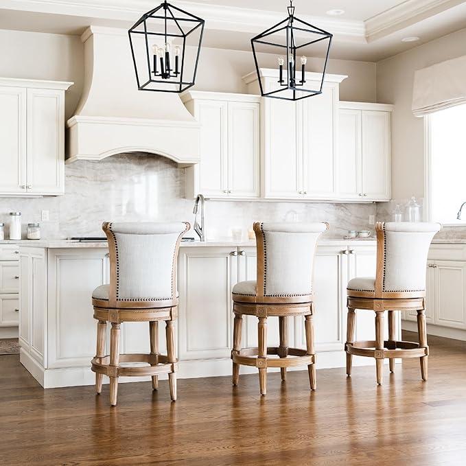 Maven Lane Pullman Counter Stool 26 Inches – Set of 3 – Swivel Stools with Footrest – Light Brown Solid Wood Frame & Natural Fabric Upholstery – Perfect for Kitchen Islands & Counters