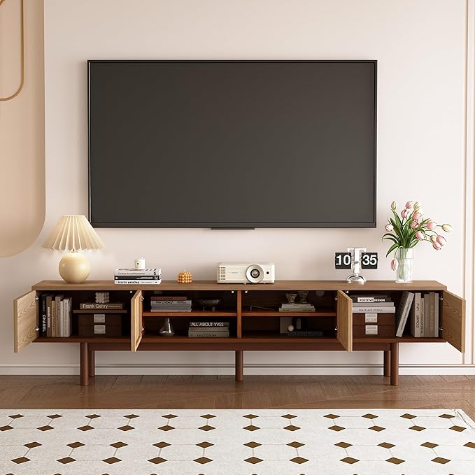 Mid Century Modern 86.6" Solid Wood TV Stand, Ready-to-Use Entertainment Center with Storage, TV Console for Living Room & Bedroom, Walnut