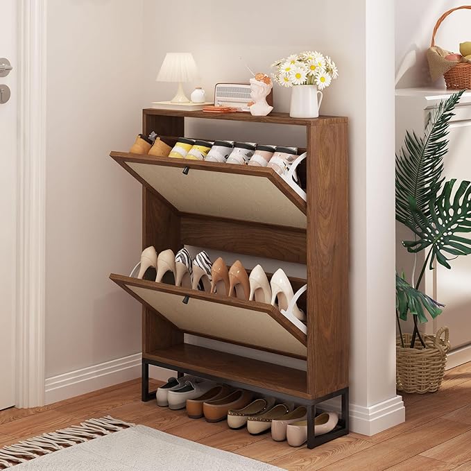 Shoe Cabinet with 2 Flip Drawer Drawer, Modern Shoe Organizer Freestanding Shoe Cabinet Storage, Shoe Storage Shoe Rack for Closet with Linen Doors Drawer in Hallway, Entrance (Walnut)