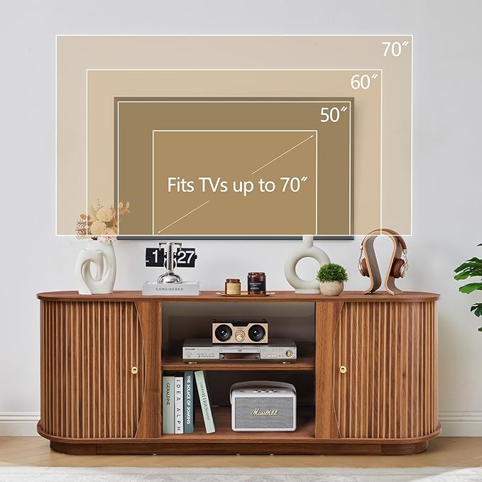 Turtle & Myrtle 63" Mid Century Modern TV Stand for Tvs up to 70", Fluted TV Media Console Table with Storage and Adjustable Shelves, Curved Edge Entertainment Center for Living Room (Walnut)