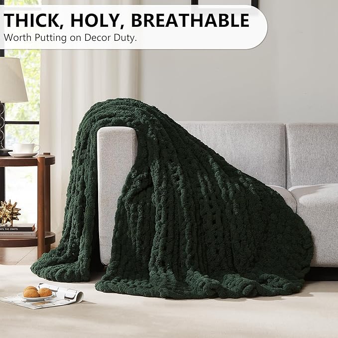 L'AGRATY Chunky Knit Blanket Throw - Soft Chunky Throw Blanket 60x80: 100% Hand Kintted Chenile Crochet Throw Blanket for Couch - Large Cable Knit Chunky Blanket for Home Decor(Olive Green)