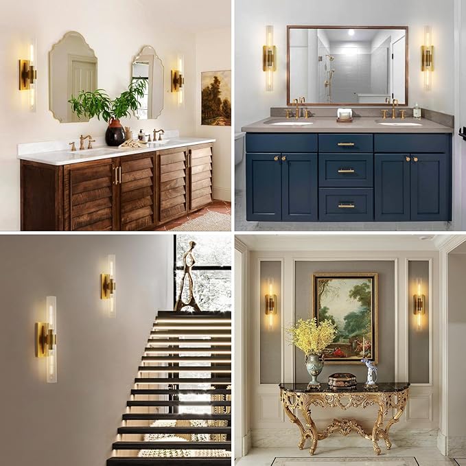Brass Bathroom Vanity Wall Sconces, 2-Light Glass Tube Wall Sconces, 24 Inch Horizontal or Vertical Linear Wall Sconces,Gold Vanity Light, Indoor Wall Sconces, E26 Bulb Included