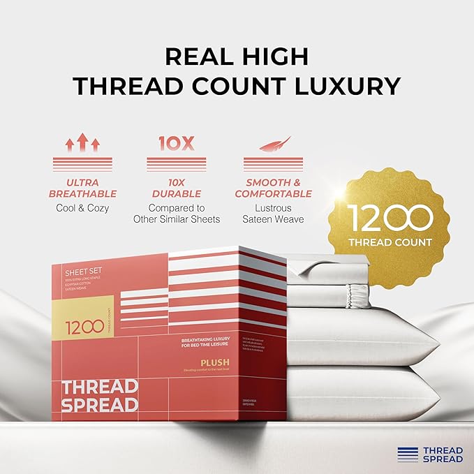 THREAD SPREAD 100% Egyptian Cotton Sheets Queen Size - 1200 Thread Count 4 PC Queen Sheet Set Egyptian Cotton, Sateen Luxury Sheets Queen Size, High Thread Count Sheets, 17" Deep Pocket - Light Grey