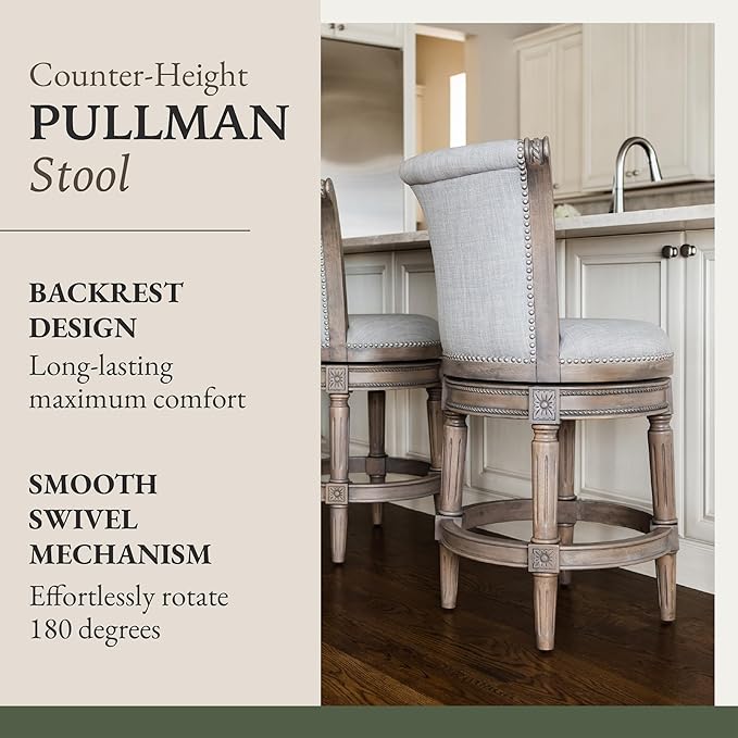 Maven Lane Pullman Counter Stool 26 Inches – Set of 4 – Swivel Stools with Footrest – Grey Solid Wood Frame & Grey Fabric Upholstery – Perfect for Kitchen Islands & Counters