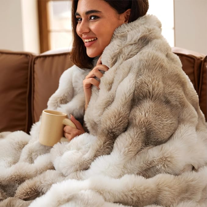 Bedsure GentleSoft Fluffy Faux Fur Blanket Twin Size, Fuzzy Soft Bubble Blanket for Couch, Faux Fur Decor for Home Bedroom Living Room, Thick Furry Cozy Gifts for Women, Tie-dye Taupe, 60x80 Inch