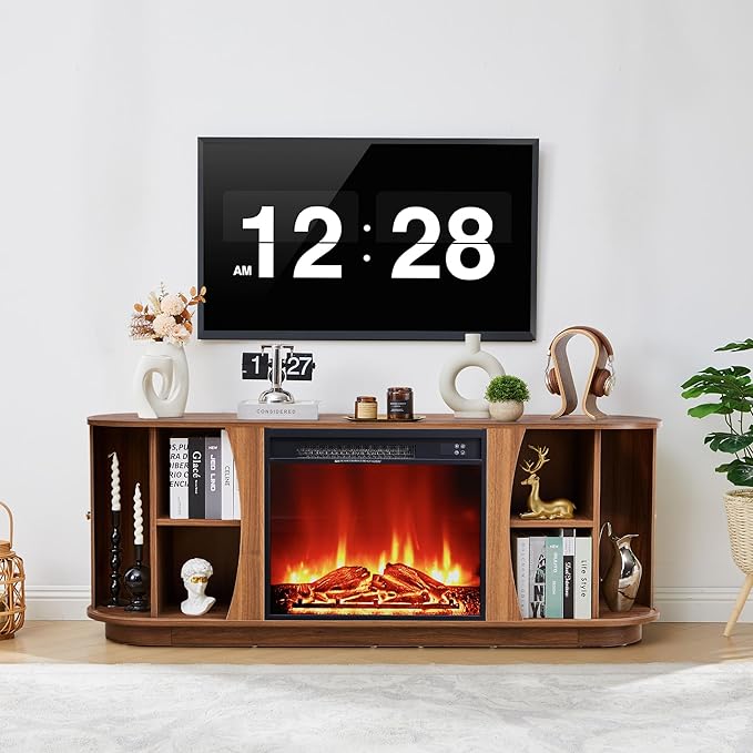 63" Fireplace TV Stand for TVs Up to 70" with 23" Electric Fireplace, Mid-Century Modern Fluted TV Media Console Table with Storage and Shelf, Curved Edge Entertainment Center for Living Room(Walnut)