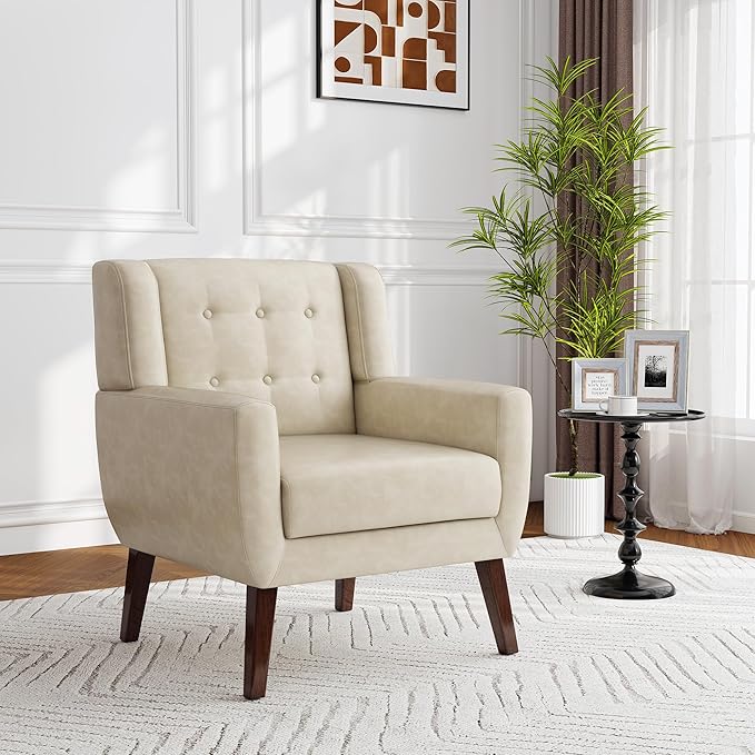 Accent Chair, Modern Faux Leather Armchair for Living Room, Comfy Upholstered Arm Chair Tufted for Indoor Bedroom Office Room (P Cream)