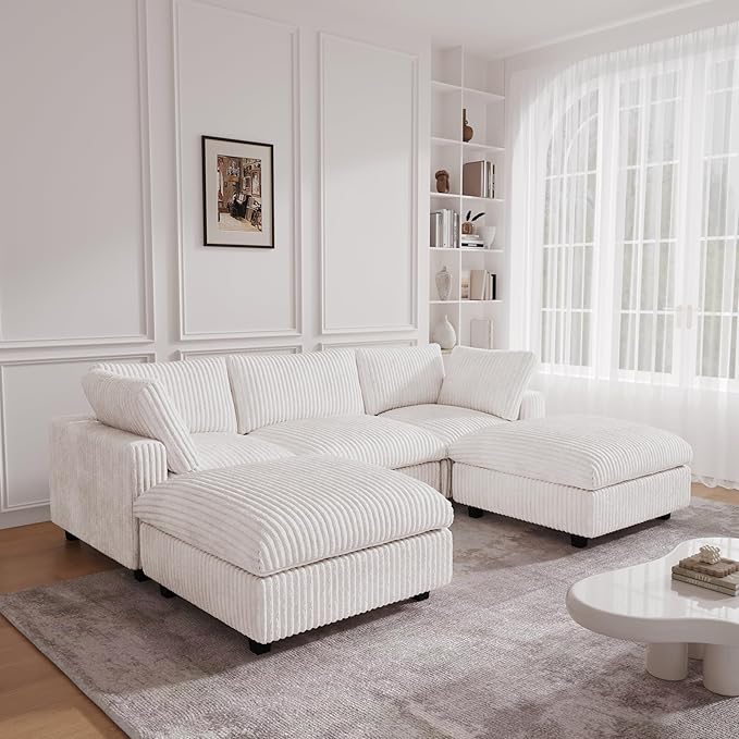 JACH 118" U Shape Modular Sofa for Living Room, Convertable Sectional Couch with Chaise Ottomans, Modern Deep Seat Sofas, Sofa Covers Washable, Minimalist Plush Couch for Living Room, Apartment, Beige