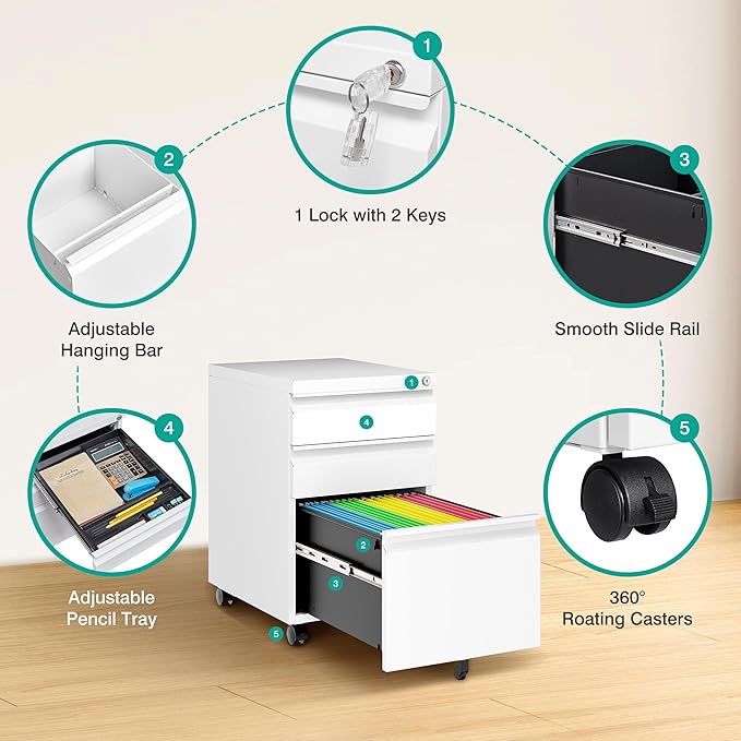 3 Drawer File Cabinet with Wheels,Under Desk File Cabinet with Lock,White Rolling Filing Cabinet,Three Drawer Metal Filing Cabinets for Home Office,Fit A4/Letter/Legal,Fully Assembled Except Casters